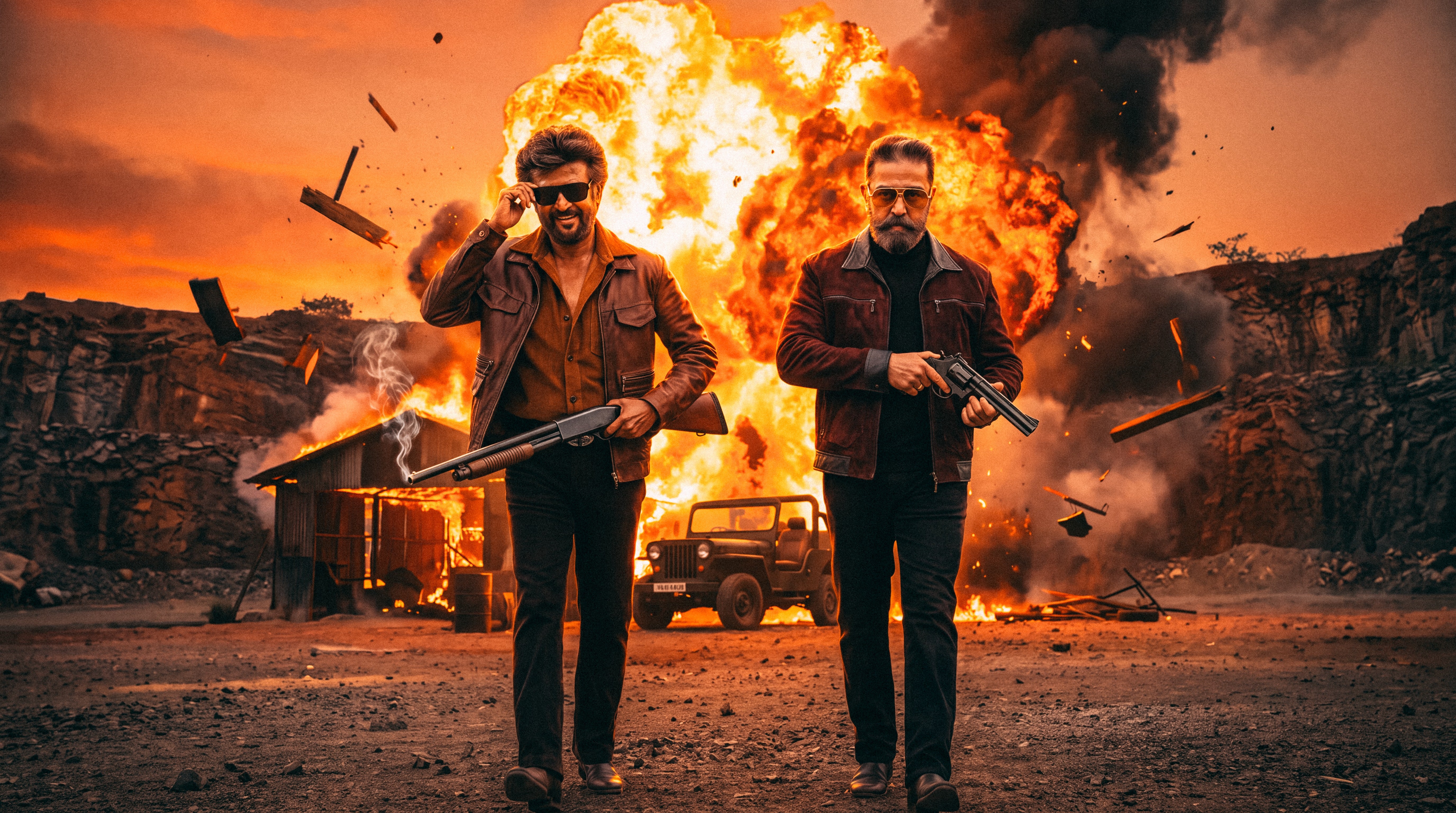 Rajinikanth and Kamal Haasan walking from a cinematic explosion