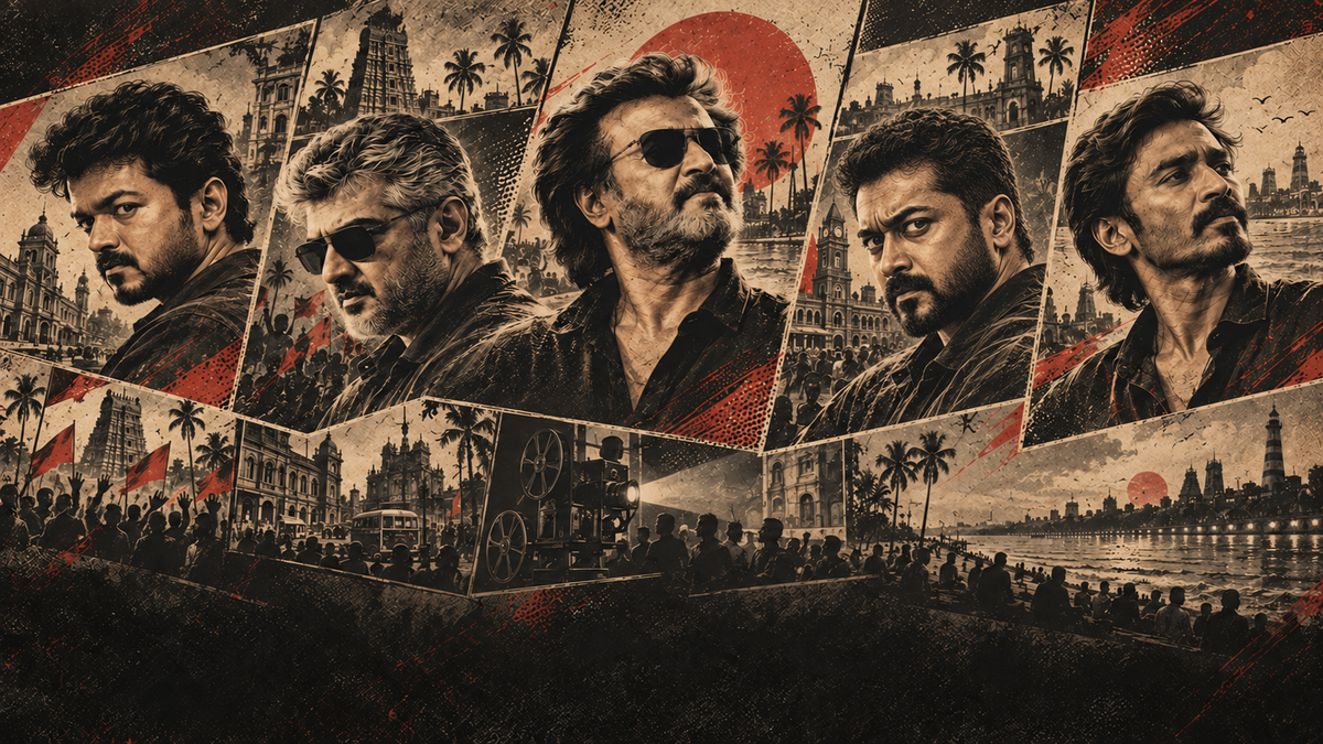 Etched comic portraits of Vijay, Ajith, Rajinikanth, Suriya and Dhanush in charcoal, aged-paper cream and brick red.