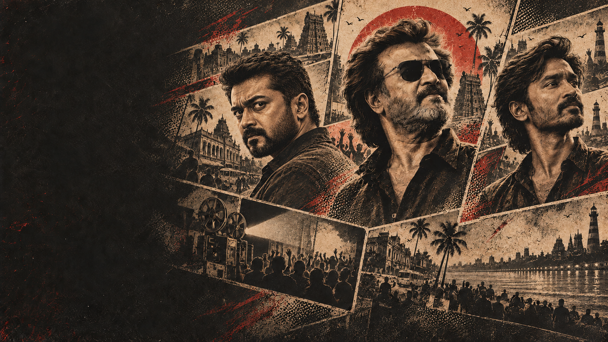 Etched comic portraits of Suriya, Rajinikanth and Dhanush in cream and charcoal angular panels with restrained red accents.
