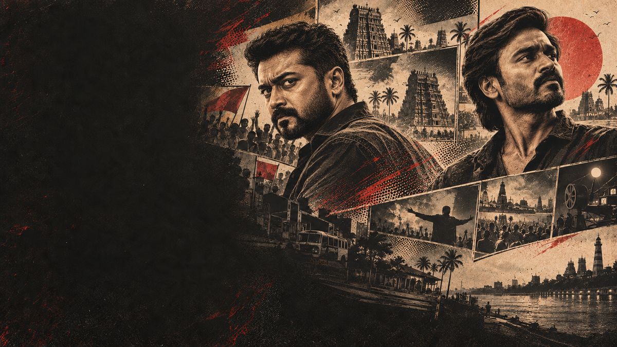 Etched comic portraits of Suriya and Dhanush with vintage Tamil cinema panels and charcoal space on the left.