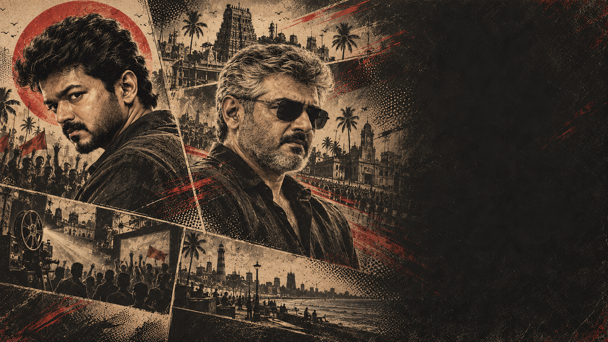 Etched comic portraits of Vijay and Ajith in angular cinema panels with dark textured space on the right.